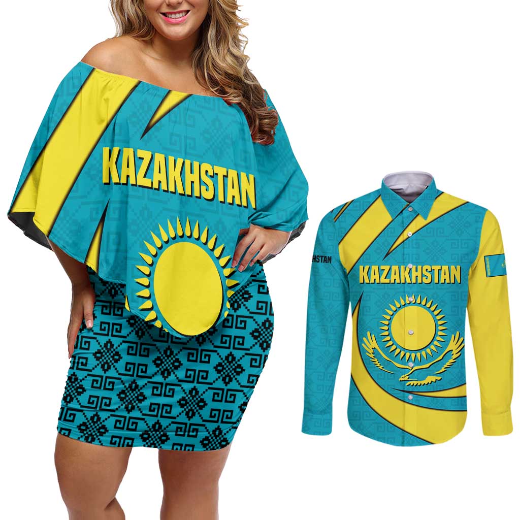 Kazakhstan National Flag Couples Matching Off Shoulder Short Dress and Long Sleeve Button Shirt with Mangilik El Bald Eagle and Blue Tribal Pattern