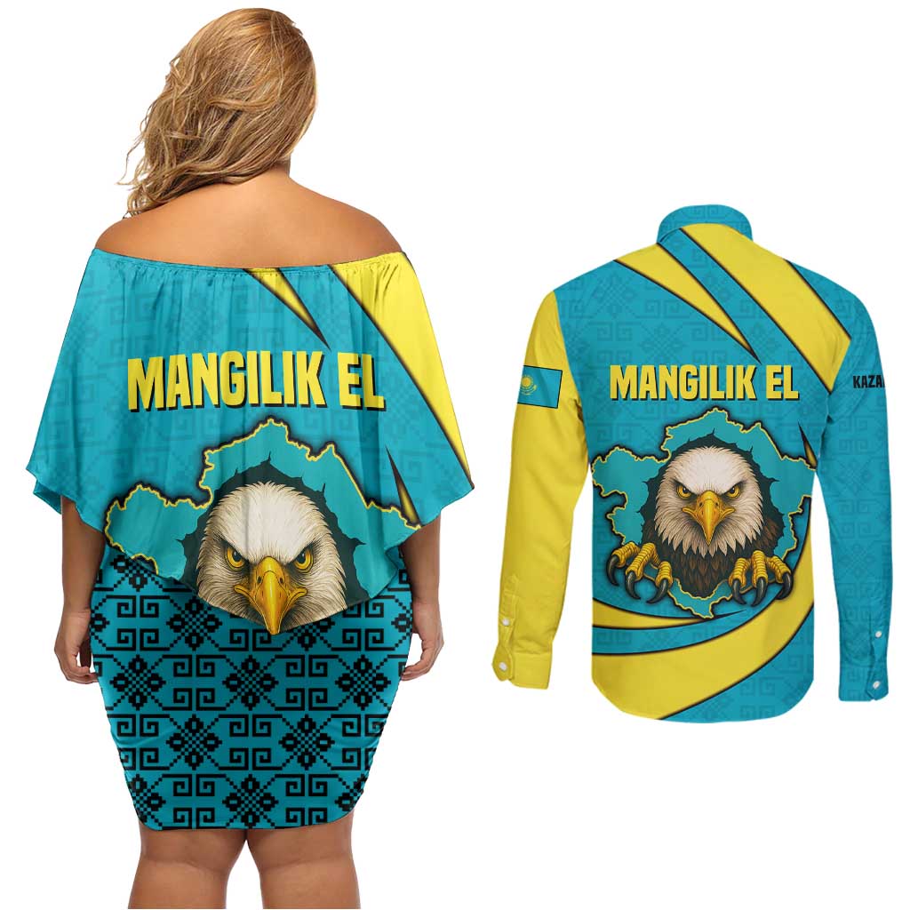 Kazakhstan National Flag Couples Matching Off Shoulder Short Dress and Long Sleeve Button Shirt with Mangilik El Bald Eagle and Blue Tribal Pattern