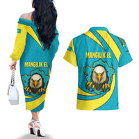 Kazakhstan National Flag Couples Matching Off The Shoulder Long Sleeve Dress and Hawaiian Shirt with Mangilik El Bald Eagle and Blue Tribal Pattern
