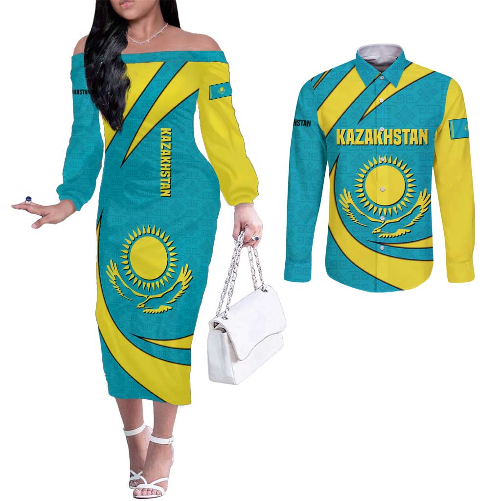 Kazakhstan National Flag Couples Matching Off The Shoulder Long Sleeve Dress and Long Sleeve Button Shirt with Mangilik El Bald Eagle and Blue Tribal Pattern
