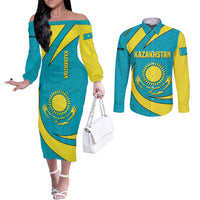 Kazakhstan National Flag Couples Matching Off The Shoulder Long Sleeve Dress and Long Sleeve Button Shirt with Mangilik El Bald Eagle and Blue Tribal Pattern