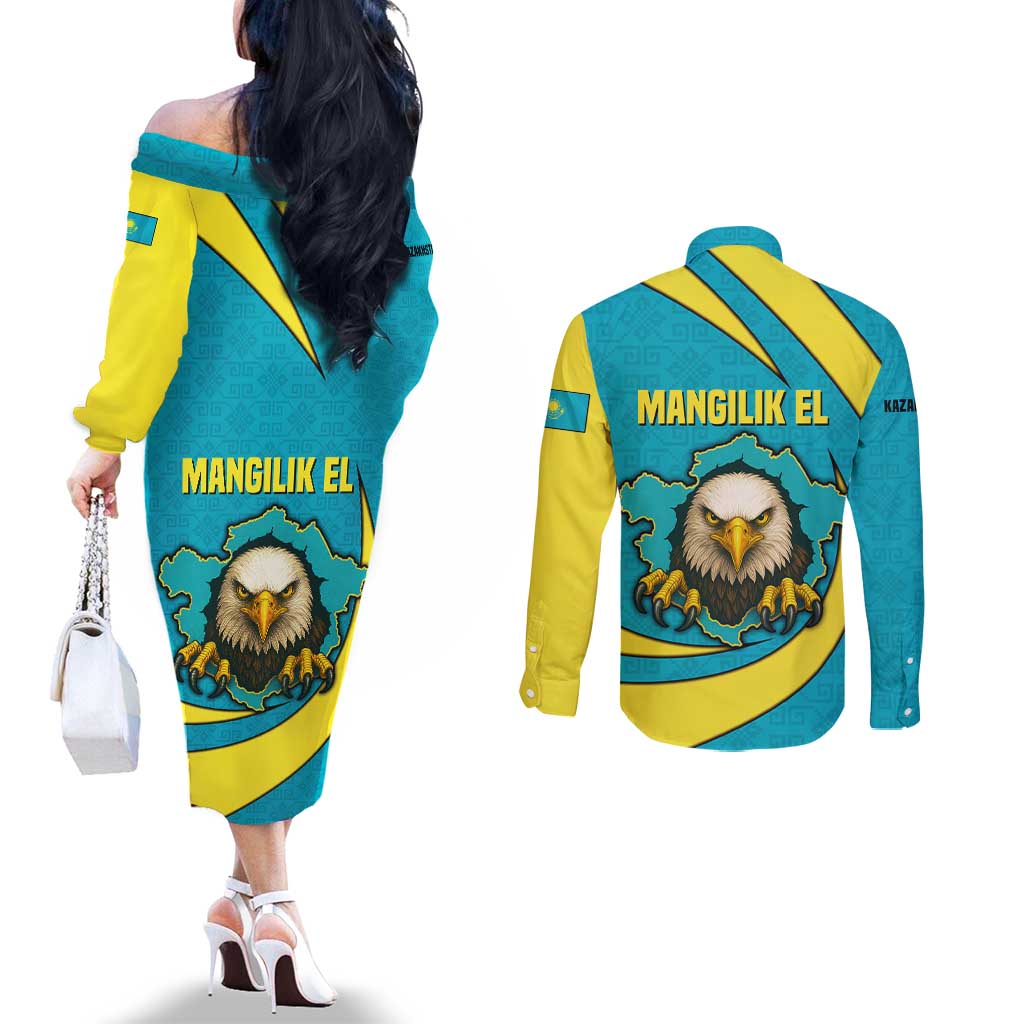 Kazakhstan National Flag Couples Matching Off The Shoulder Long Sleeve Dress and Long Sleeve Button Shirt with Mangilik El Bald Eagle and Blue Tribal Pattern