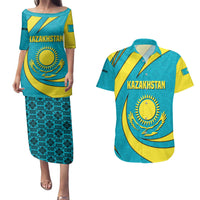 Kazakhstan National Flag Couples Matching Puletasi and Hawaiian Shirt with Mangilik El Bald Eagle and Blue Tribal Pattern