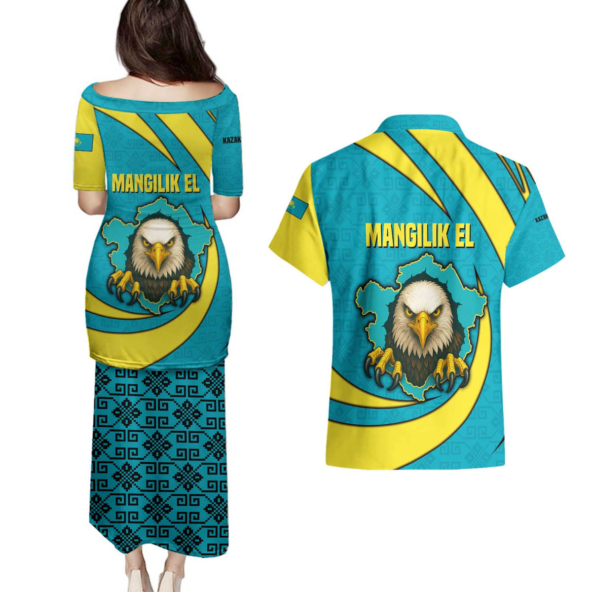 Kazakhstan National Flag Couples Matching Puletasi and Hawaiian Shirt with Mangilik El Bald Eagle and Blue Tribal Pattern
