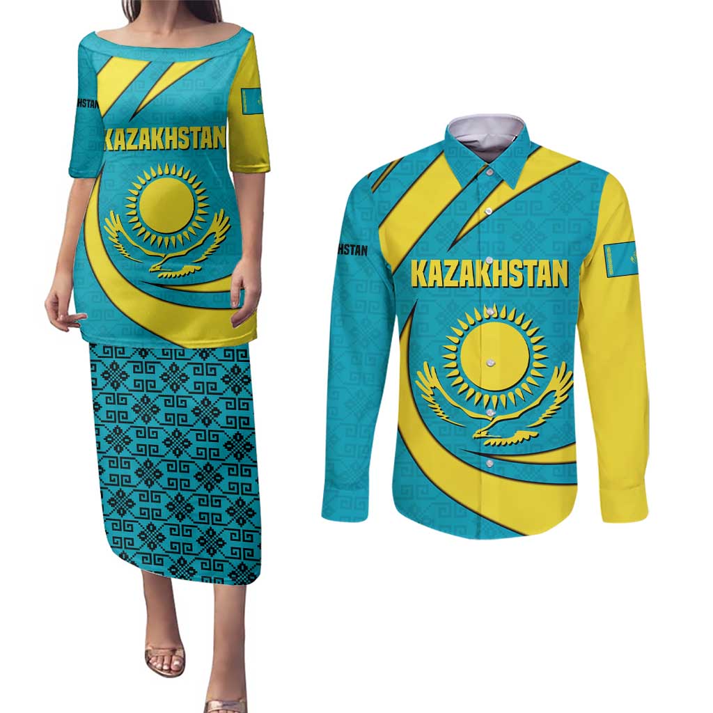 Kazakhstan National Flag Couples Matching Puletasi and Long Sleeve Button Shirt with Mangilik El Bald Eagle and Blue Tribal Pattern
