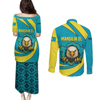 Kazakhstan National Flag Couples Matching Puletasi and Long Sleeve Button Shirt with Mangilik El Bald Eagle and Blue Tribal Pattern
