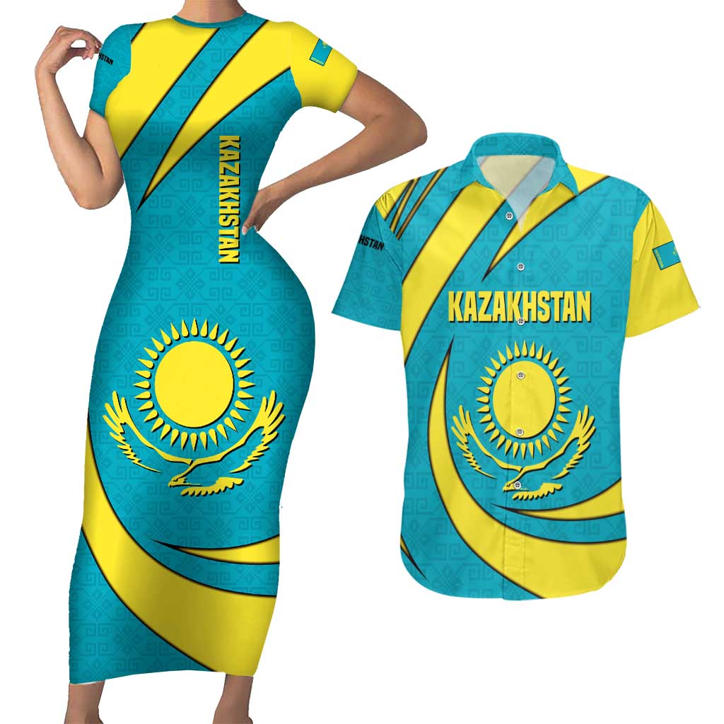 Kazakhstan National Flag Couples Matching Short Sleeve Bodycon Dress and Hawaiian Shirt with Mangilik El Bald Eagle and Blue Tribal Pattern