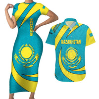 Kazakhstan National Flag Couples Matching Short Sleeve Bodycon Dress and Hawaiian Shirt with Mangilik El Bald Eagle and Blue Tribal Pattern
