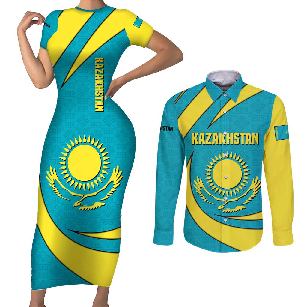 Kazakhstan National Flag Couples Matching Short Sleeve Bodycon Dress and Long Sleeve Button Shirt with Mangilik El Bald Eagle and Blue Tribal Pattern