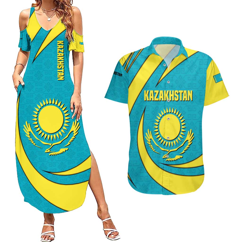 Kazakhstan National Flag Couples Matching Summer Maxi Dress and Hawaiian Shirt with Mangilik El Bald Eagle and Blue Tribal Pattern