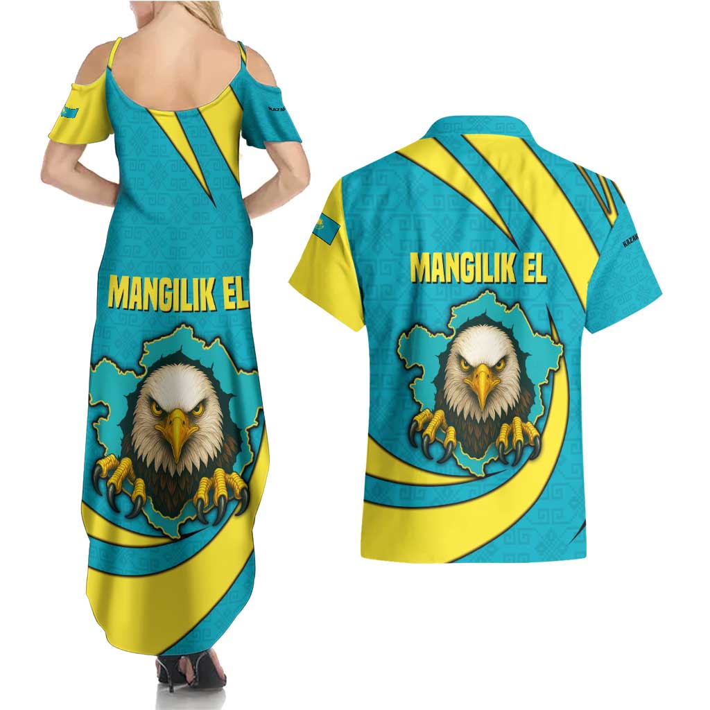 Kazakhstan National Flag Couples Matching Summer Maxi Dress and Hawaiian Shirt with Mangilik El Bald Eagle and Blue Tribal Pattern
