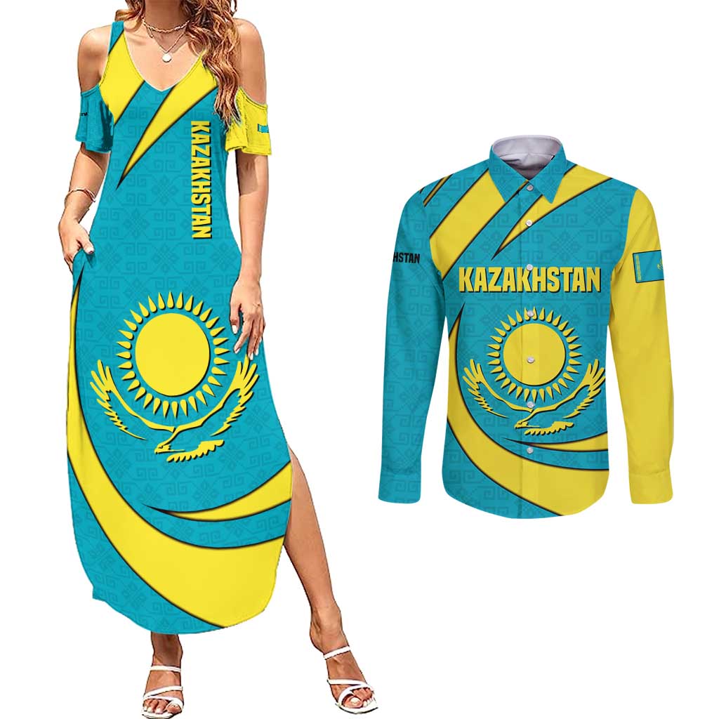 Kazakhstan National Flag Couples Matching Summer Maxi Dress and Long Sleeve Button Shirt with Mangilik El Bald Eagle and Blue Tribal Pattern
