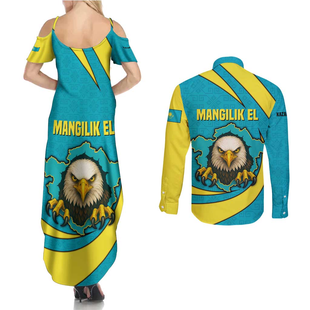 Kazakhstan National Flag Couples Matching Summer Maxi Dress and Long Sleeve Button Shirt with Mangilik El Bald Eagle and Blue Tribal Pattern