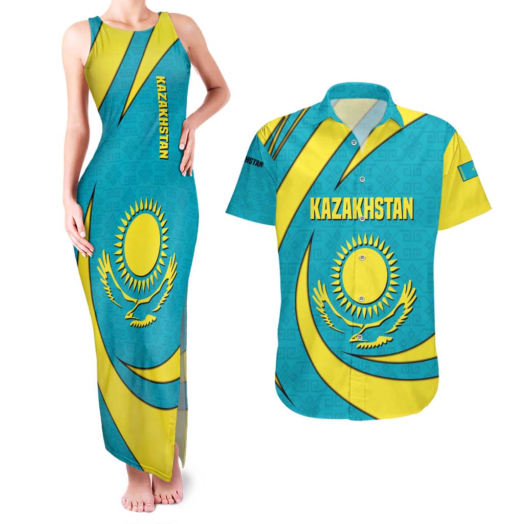 Kazakhstan National Flag Couples Matching Tank Maxi Dress and Hawaiian Shirt with Mangilik El Bald Eagle and Blue Tribal Pattern
