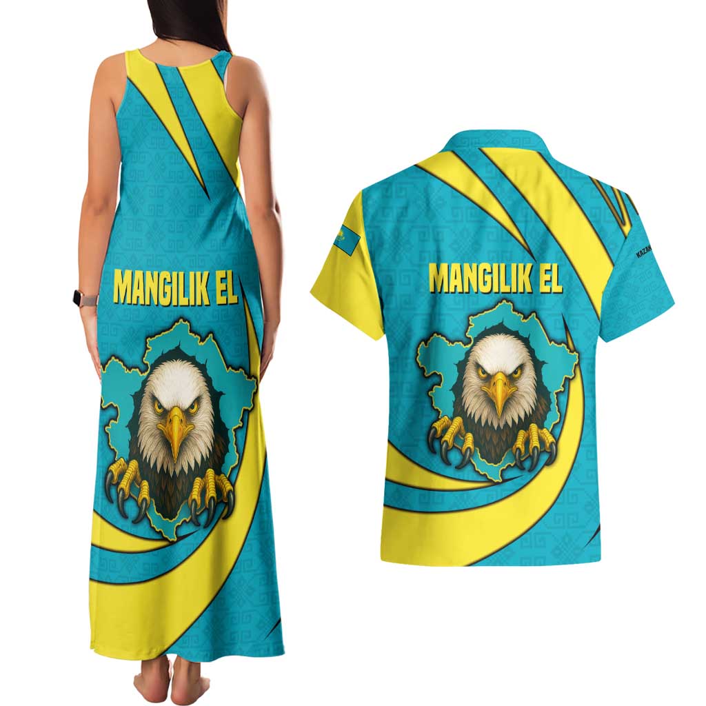 Kazakhstan National Flag Couples Matching Tank Maxi Dress and Hawaiian Shirt with Mangilik El Bald Eagle and Blue Tribal Pattern