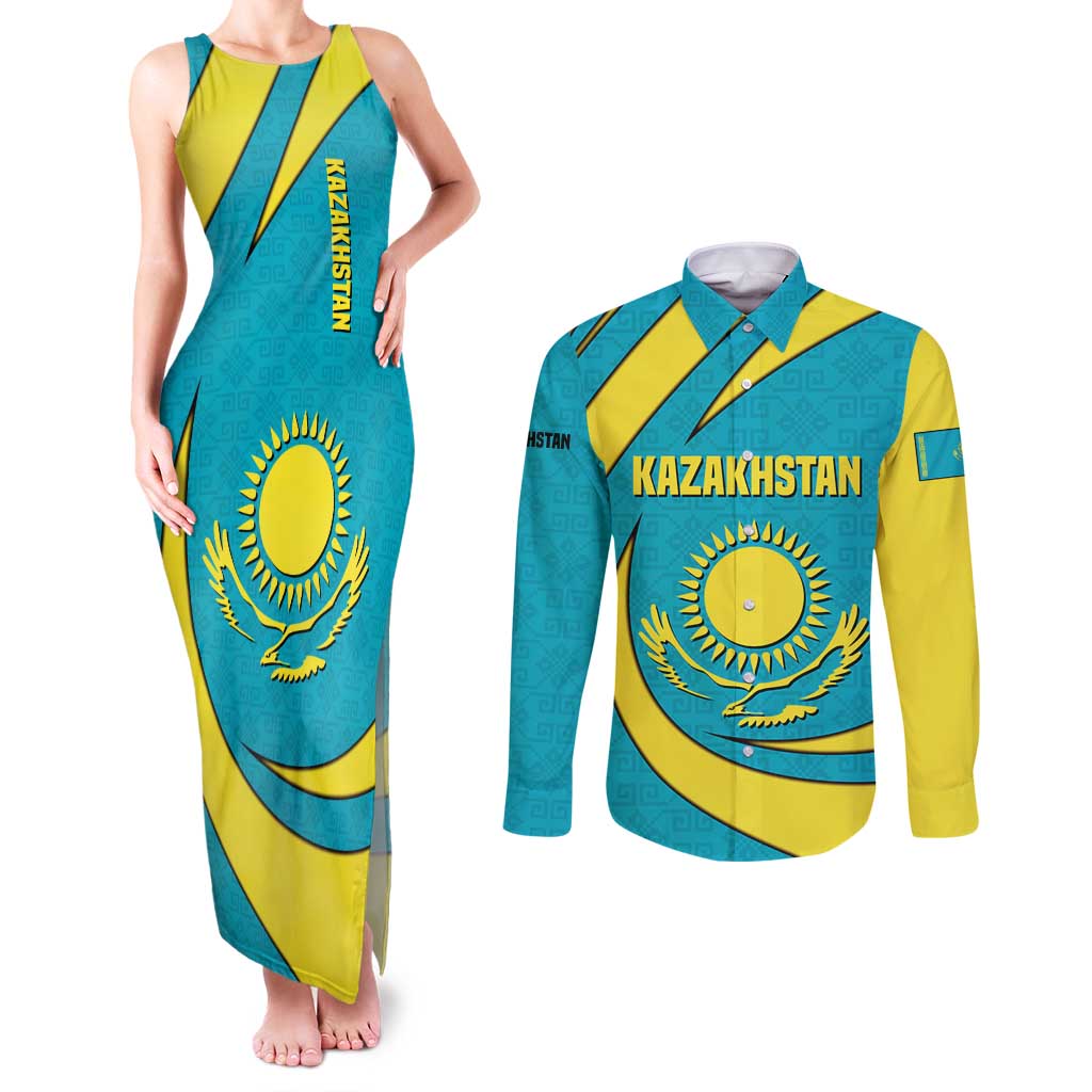 Kazakhstan National Flag Couples Matching Tank Maxi Dress and Long Sleeve Button Shirt with Mangilik El Bald Eagle and Blue Tribal Pattern