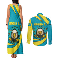 Kazakhstan National Flag Couples Matching Tank Maxi Dress and Long Sleeve Button Shirt with Mangilik El Bald Eagle and Blue Tribal Pattern