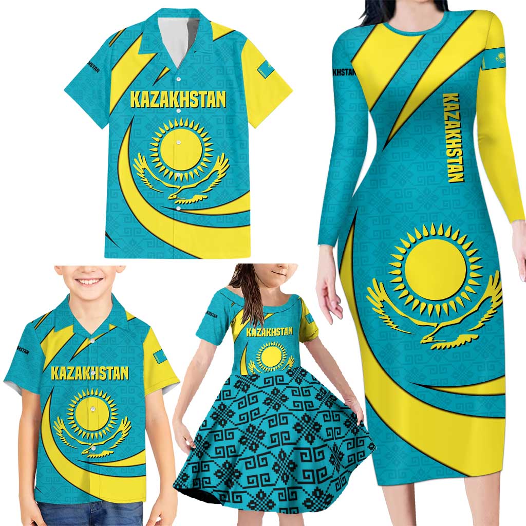 Kazakhstan National Flag Family Matching Long Sleeve Bodycon Dress and Hawaiian Shirt with Mangilik El Bald Eagle and Blue Tribal Pattern