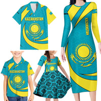 Kazakhstan National Flag Family Matching Long Sleeve Bodycon Dress and Hawaiian Shirt with Mangilik El Bald Eagle and Blue Tribal Pattern