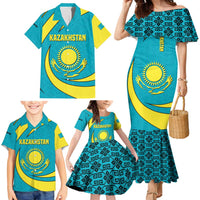 Kazakhstan National Flag Family Matching Mermaid Dress and Hawaiian Shirt with Mangilik El Bald Eagle and Blue Tribal Pattern