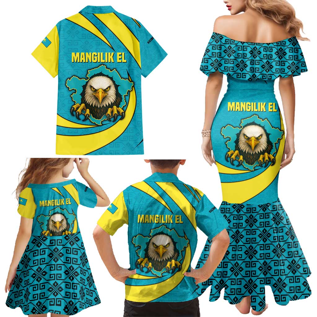 Kazakhstan National Flag Family Matching Mermaid Dress and Hawaiian Shirt with Mangilik El Bald Eagle and Blue Tribal Pattern
