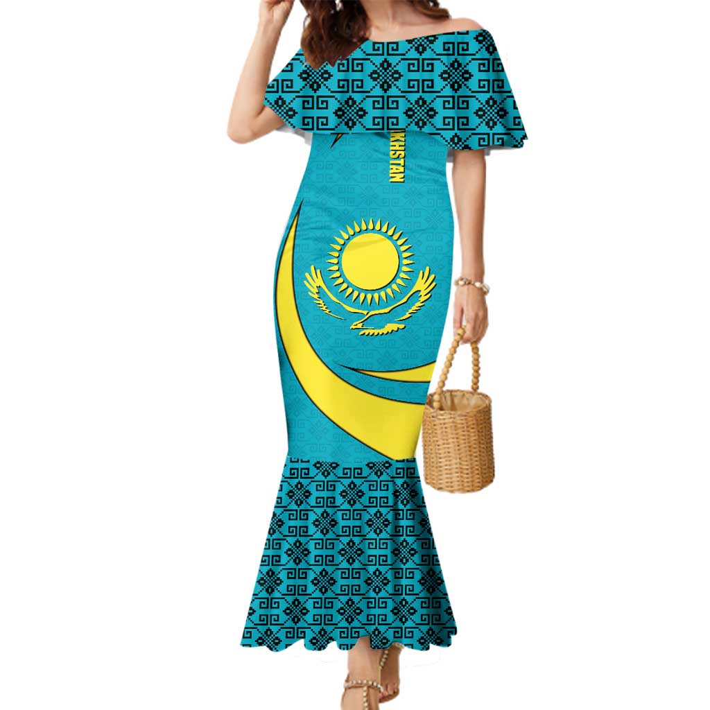 Kazakhstan National Flag Family Matching Mermaid Dress and Hawaiian Shirt with Mangilik El Bald Eagle and Blue Tribal Pattern