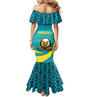 Kazakhstan National Flag Family Matching Mermaid Dress and Hawaiian Shirt with Mangilik El Bald Eagle and Blue Tribal Pattern