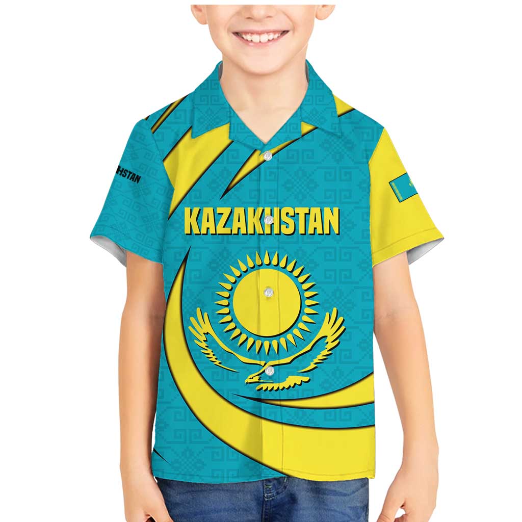 Kazakhstan National Flag Family Matching Mermaid Dress and Hawaiian Shirt with Mangilik El Bald Eagle and Blue Tribal Pattern