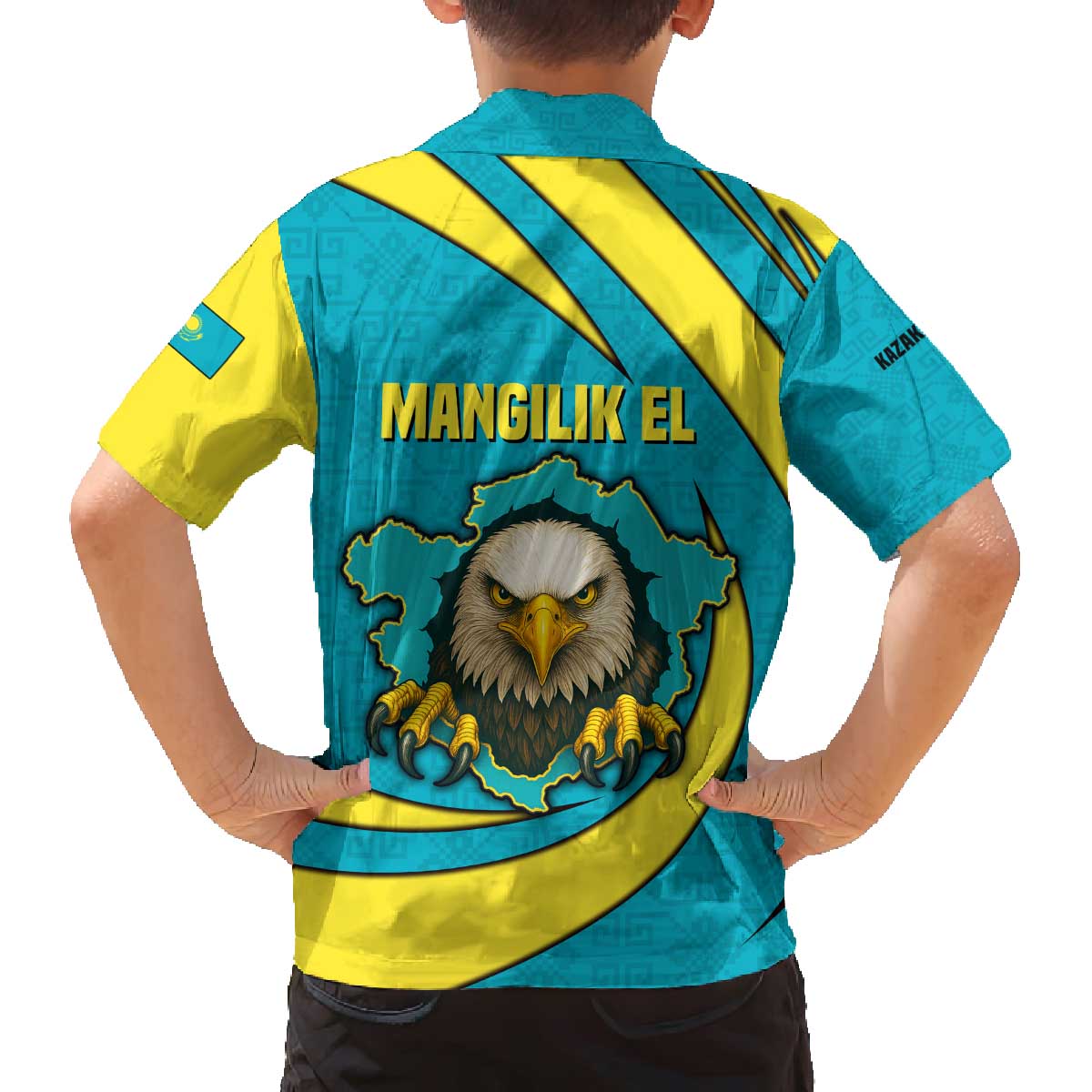 Kazakhstan National Flag Family Matching Off The Shoulder Long Sleeve Dress and Hawaiian Shirt with Mangilik El Bald Eagle and Blue Tribal Pattern