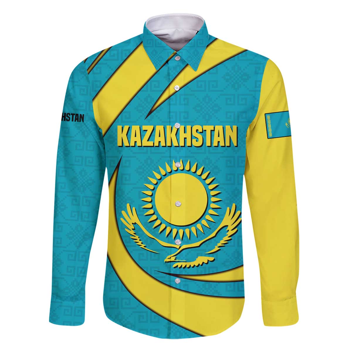 Kazakhstan National Flag Family Matching Off The Shoulder Long Sleeve Dress and Hawaiian Shirt with Mangilik El Bald Eagle and Blue Tribal Pattern