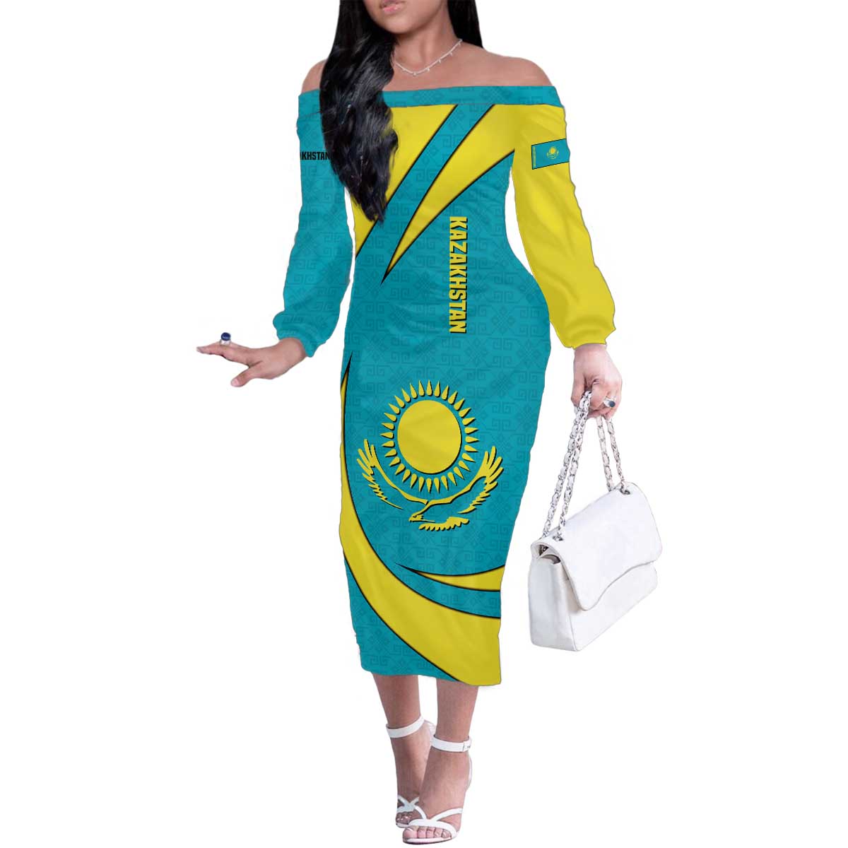 Kazakhstan National Flag Family Matching Off The Shoulder Long Sleeve Dress and Hawaiian Shirt with Mangilik El Bald Eagle and Blue Tribal Pattern
