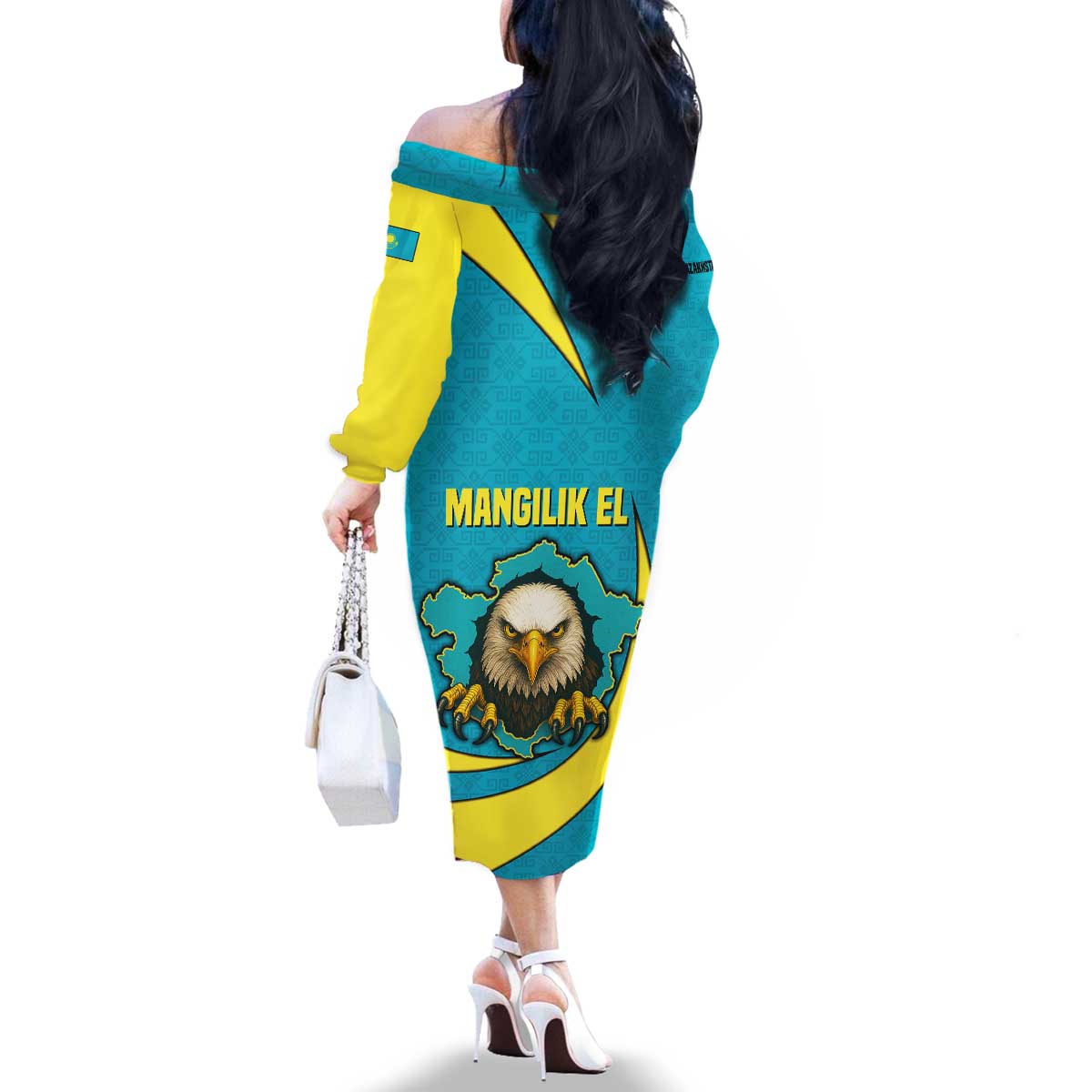 Kazakhstan National Flag Family Matching Off The Shoulder Long Sleeve Dress and Hawaiian Shirt with Mangilik El Bald Eagle and Blue Tribal Pattern