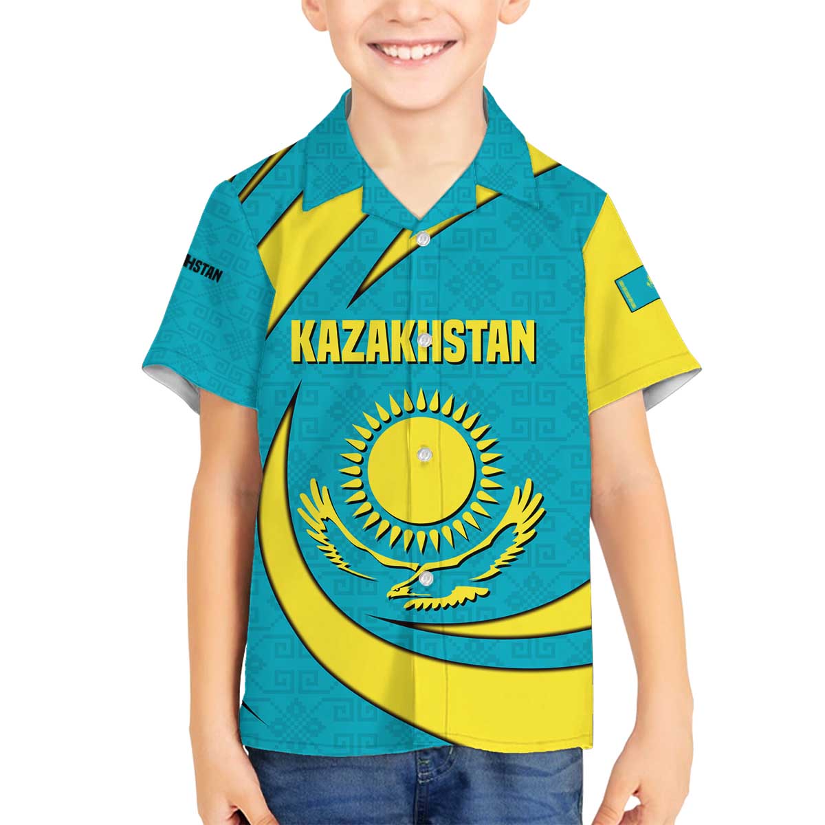 Kazakhstan National Flag Family Matching Off The Shoulder Long Sleeve Dress and Hawaiian Shirt with Mangilik El Bald Eagle and Blue Tribal Pattern