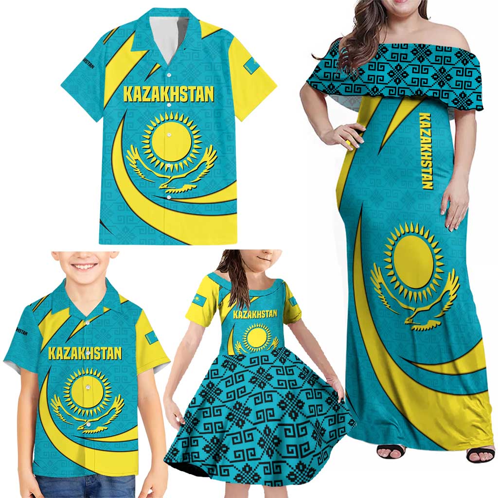 Kazakhstan National Flag Family Matching Off Shoulder Maxi Dress and Hawaiian Shirt with Mangilik El Bald Eagle and Blue Tribal Pattern