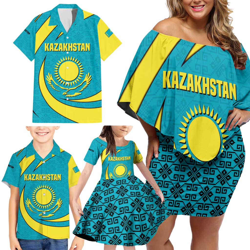 Kazakhstan National Flag Family Matching Off Shoulder Short Dress and Hawaiian Shirt with Mangilik El Bald Eagle and Blue Tribal Pattern