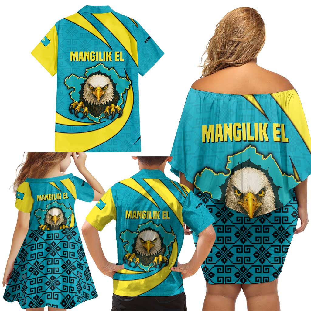 Kazakhstan National Flag Family Matching Off Shoulder Short Dress and Hawaiian Shirt with Mangilik El Bald Eagle and Blue Tribal Pattern