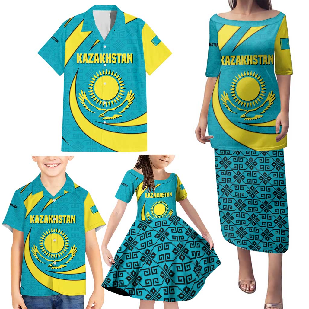 Kazakhstan National Flag Family Matching Puletasi and Hawaiian Shirt with Mangilik El Bald Eagle and Blue Tribal Pattern