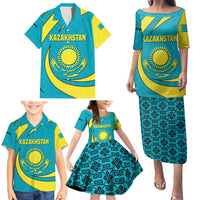 Kazakhstan National Flag Family Matching Puletasi and Hawaiian Shirt with Mangilik El Bald Eagle and Blue Tribal Pattern
