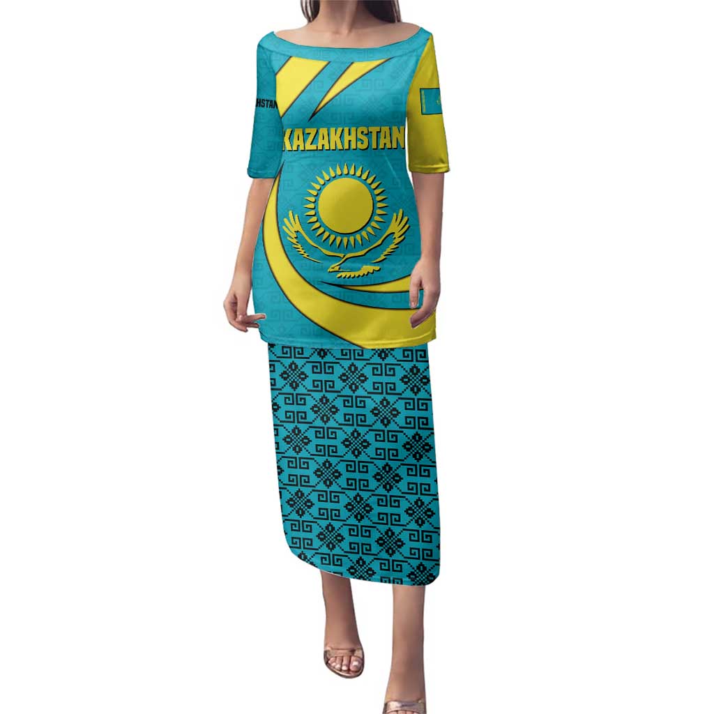 Kazakhstan National Flag Family Matching Puletasi and Hawaiian Shirt with Mangilik El Bald Eagle and Blue Tribal Pattern