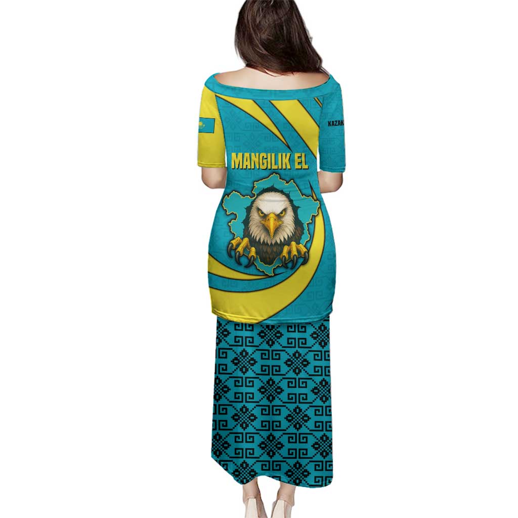 Kazakhstan National Flag Family Matching Puletasi and Hawaiian Shirt with Mangilik El Bald Eagle and Blue Tribal Pattern