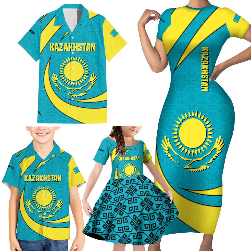 Kazakhstan National Flag Family Matching Short Sleeve Bodycon Dress and Hawaiian Shirt with Mangilik El Bald Eagle and Blue Tribal Pattern