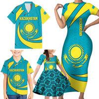 Kazakhstan National Flag Family Matching Short Sleeve Bodycon Dress and Hawaiian Shirt with Mangilik El Bald Eagle and Blue Tribal Pattern