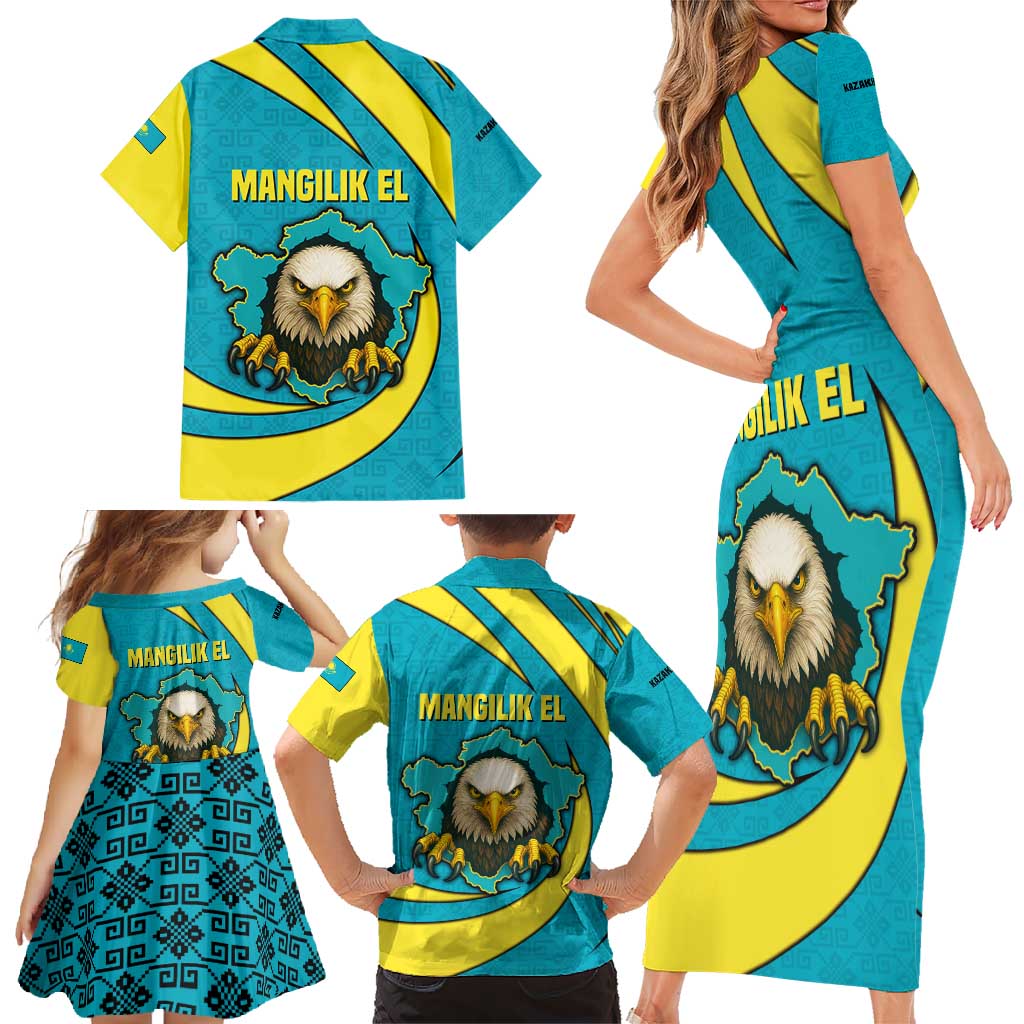 Kazakhstan National Flag Family Matching Short Sleeve Bodycon Dress and Hawaiian Shirt with Mangilik El Bald Eagle and Blue Tribal Pattern