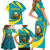 Kazakhstan National Flag Family Matching Short Sleeve Bodycon Dress and Hawaiian Shirt with Mangilik El Bald Eagle and Blue Tribal Pattern
