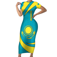 Kazakhstan National Flag Family Matching Short Sleeve Bodycon Dress and Hawaiian Shirt with Mangilik El Bald Eagle and Blue Tribal Pattern