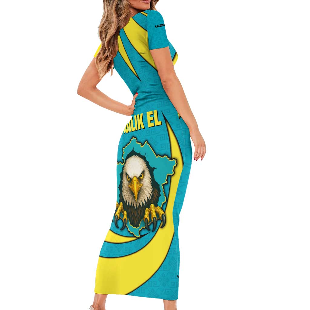 Kazakhstan National Flag Family Matching Short Sleeve Bodycon Dress and Hawaiian Shirt with Mangilik El Bald Eagle and Blue Tribal Pattern