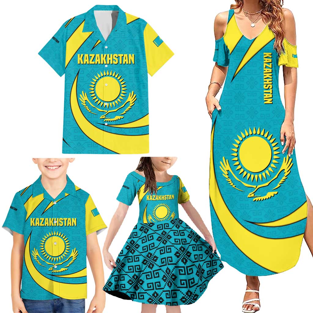Kazakhstan National Flag Family Matching Summer Maxi Dress and Hawaiian Shirt with Mangilik El Bald Eagle and Blue Tribal Pattern