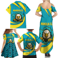 Kazakhstan National Flag Family Matching Summer Maxi Dress and Hawaiian Shirt with Mangilik El Bald Eagle and Blue Tribal Pattern