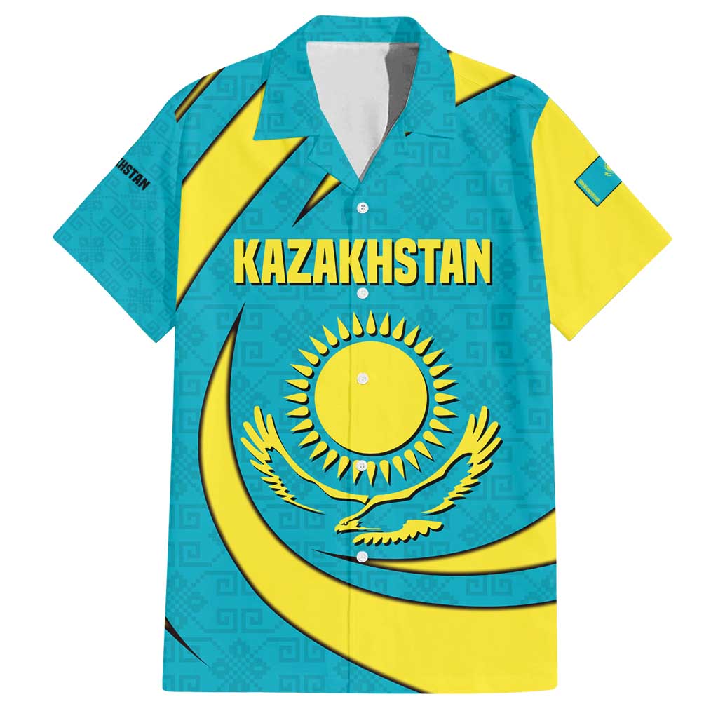 Kazakhstan National Flag Family Matching Summer Maxi Dress and Hawaiian Shirt with Mangilik El Bald Eagle and Blue Tribal Pattern