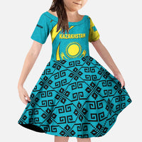 Kazakhstan National Flag Family Matching Tank Maxi Dress and Hawaiian Shirt with Mangilik El Bald Eagle and Blue Tribal Pattern